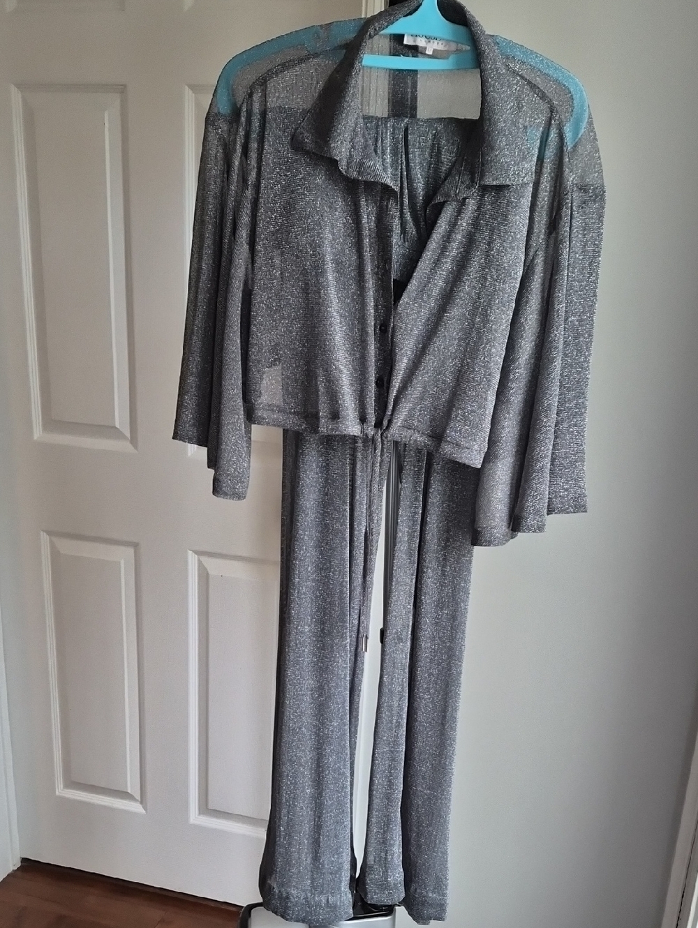 House of CB Sheer Silver Metallic Knit Top with Pants Set Sz L+
